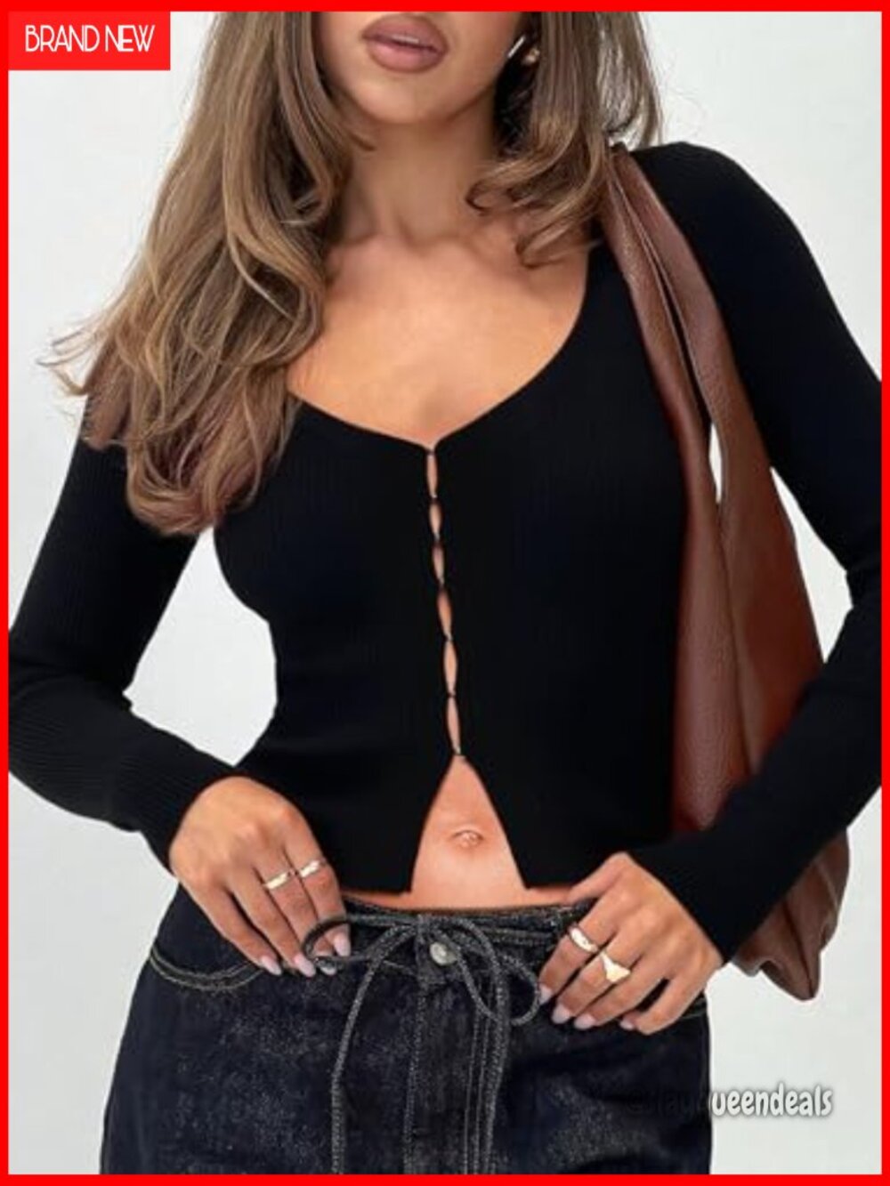 V Neck Long Sleeve Cropped Cardigan Going Out Top Y2k Ribbed Knit Open Front - Picture 3 of 7